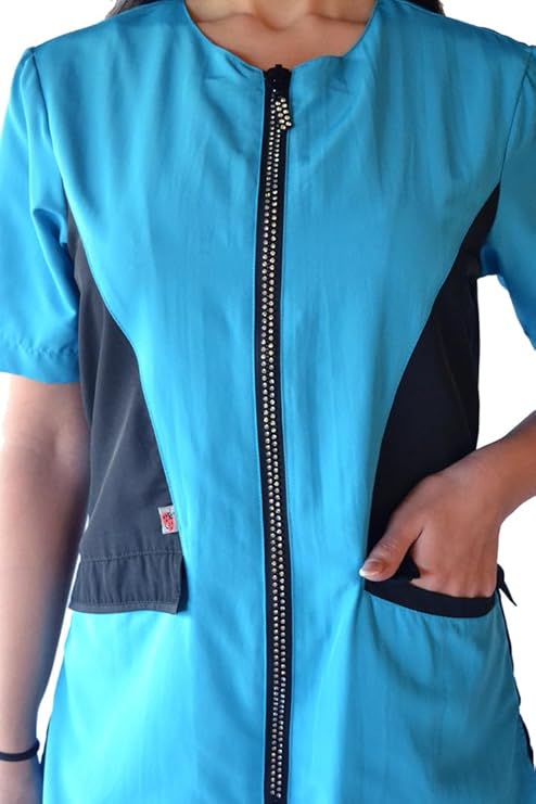 Ladybird Blue Rhinestone Zipper Color Block Jacket for Pet Groomers