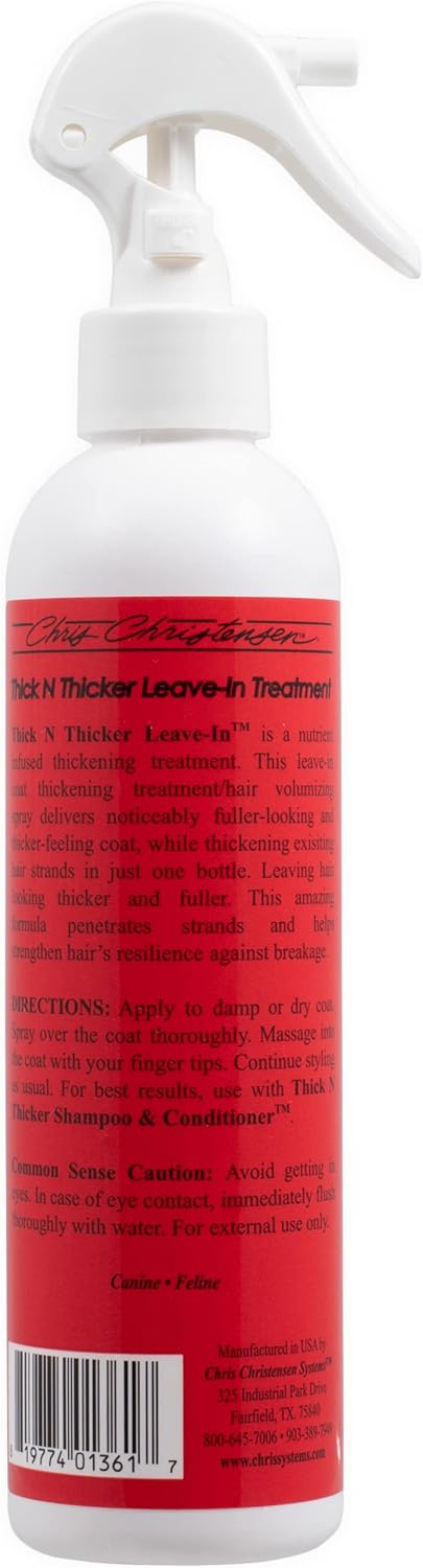 Chris Christensen Pet Thick N Thicker Leave-in Treatment, Groom Like a Professional, Pro-Vitamin Formula, Thicker and Fuller Coat, Strengthens Weekend Hair, Made in The USA, 8 oz