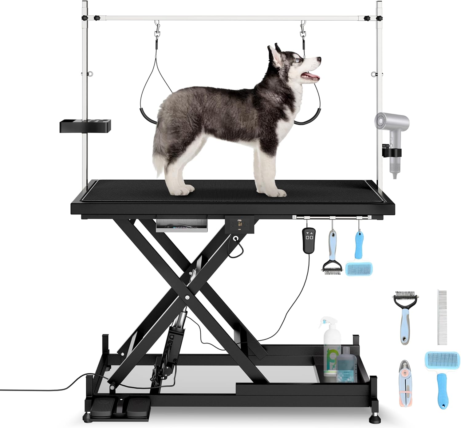 Electric Pet Grooming Table Super Deluxe 50'' Heavy Duty Professional for Large Dogs with Overhead Arm, Anti-Skid Rubber Desktop Powerful Motor and Adjustable Height, Black