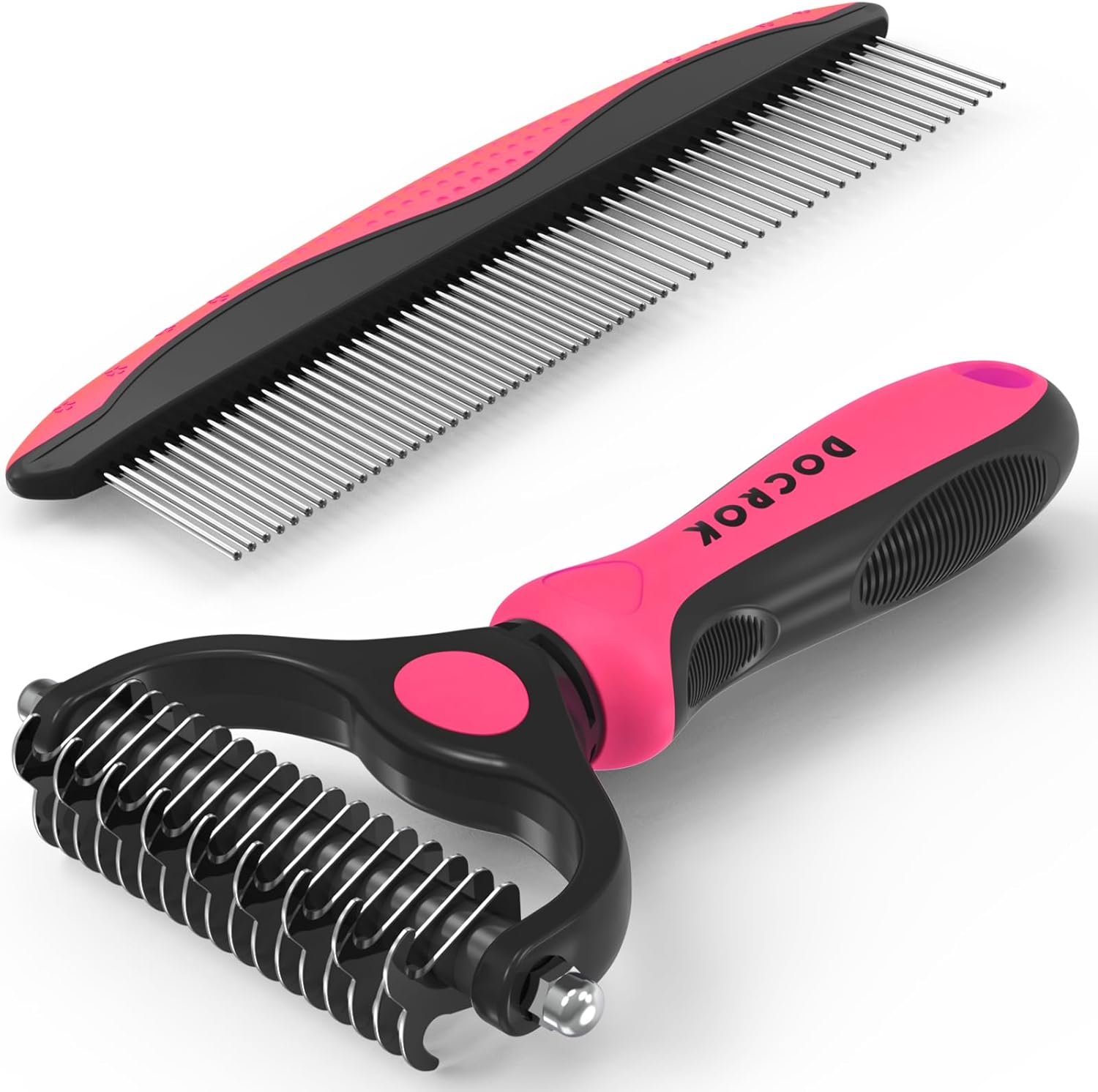 Pet Grooming Combo - Blue De-shedding Brush with Metal Comb for Detangling and Dematting Long, Matted Fur on Cats and Dogs