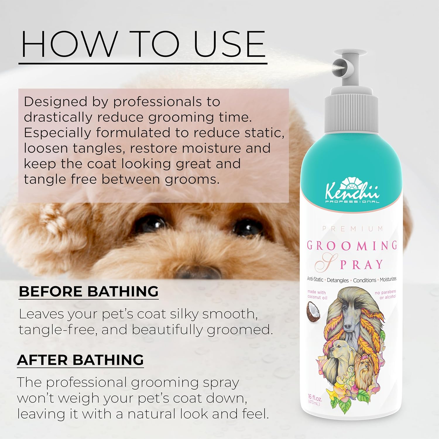 Kenchii Premium Pet Grooming Spray for Dogs and Cats | All-Natural Scented Moisturizing Pet Detangler Spray | Pet Conditioner Coat Shine Spra