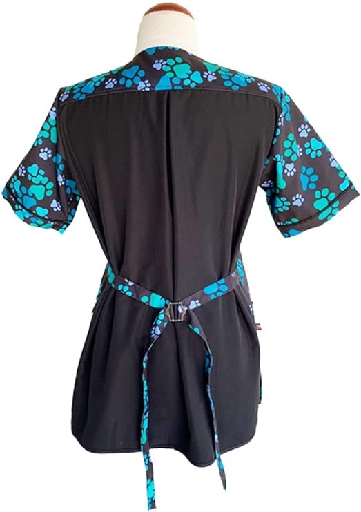 Ladybird Line 714 (Large) Blue Paw Print Waterproof Dog Grooming Smock, Hair Bleach Resistant Jacket, Solid Back, Adjustable Tie Belt