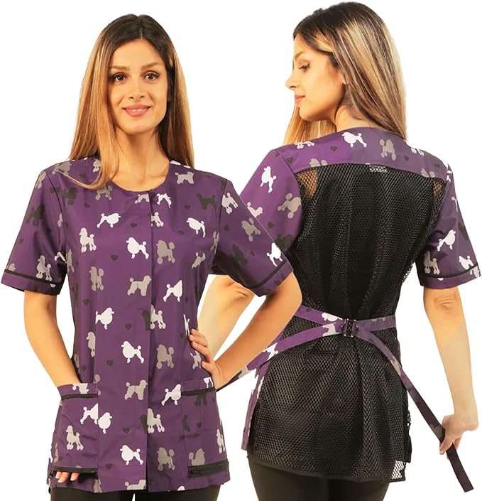 Ladybird Line 710 ( Large)Purple Poodle Print Waterproof Dog Grooming Smock Hair and Bleach Resistant Covered Zipper Panel Mesh Back