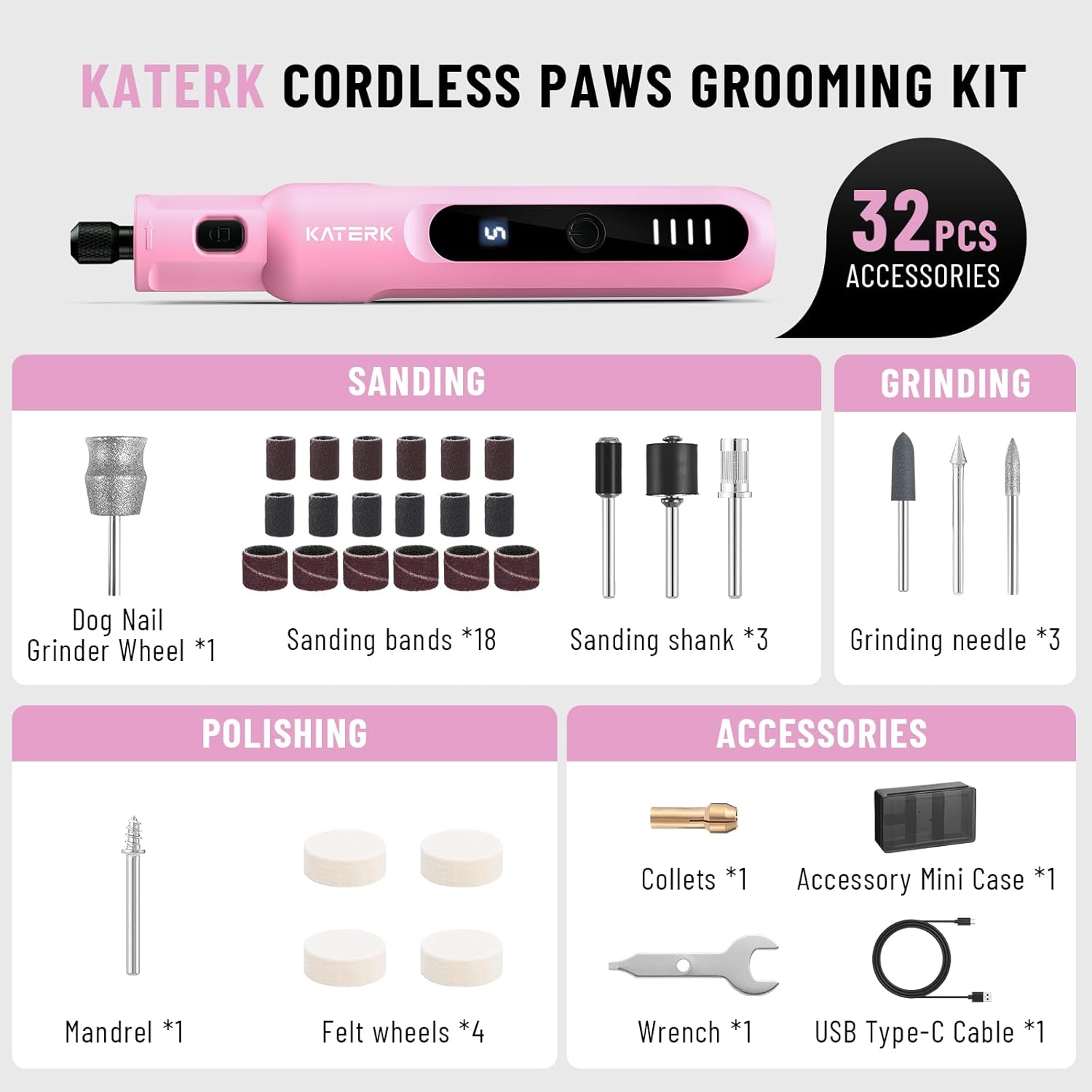 Katerk Pet Dog Nail Grinder - 5 Speed Quiet Electric Dog Nail Trimmer with 360°LED Light, 2500mAh Rechargeable, 32PCS Cordless Rotary Tool for Small Medium Large Dogs & DIY Sanding, Carving (Pink)