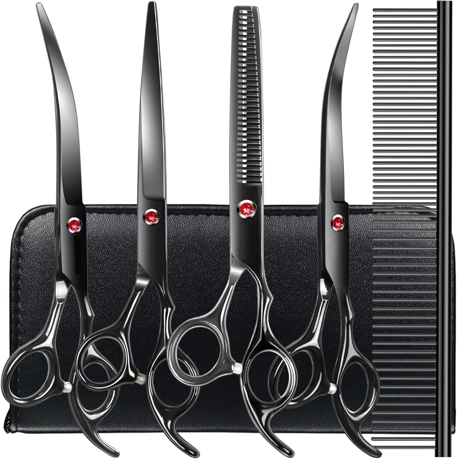 Professional Dog Grooming Scissors Kit Black 6 in 1, Dog Shears for Grooming 6CR Premium Stainless Steel Grooming Scissors Kit