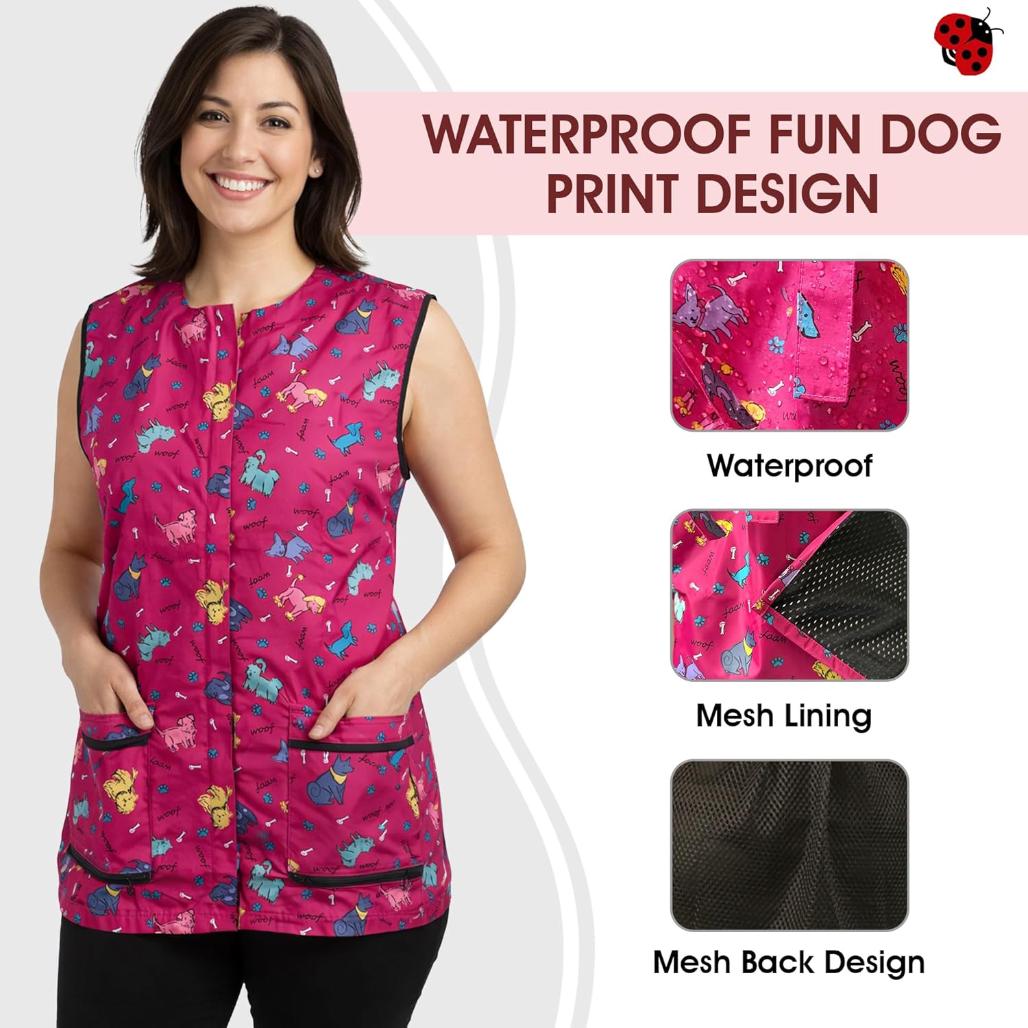 Ladybird Line 711 (large ) Pink Dog Design Waterproof Pet Grooming Vest, Hair and Bleach Resistant, Covered Zipper Panel, Mesh Back, Adjustable Back Tie Belt, 2 Front Pockets, Pet Groomers and Vet Clinics