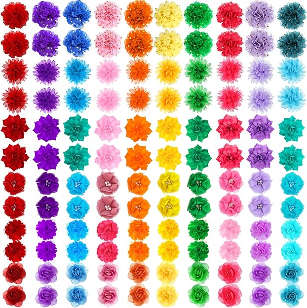 120 Pcs Dog Collar Flower Bow Accessories Bulk Multi Color Dog Charms Bow Tie Soft Chiffon Pet Flower Bows Charms for Small Medium Large Puppy Dogs Cat Grooming