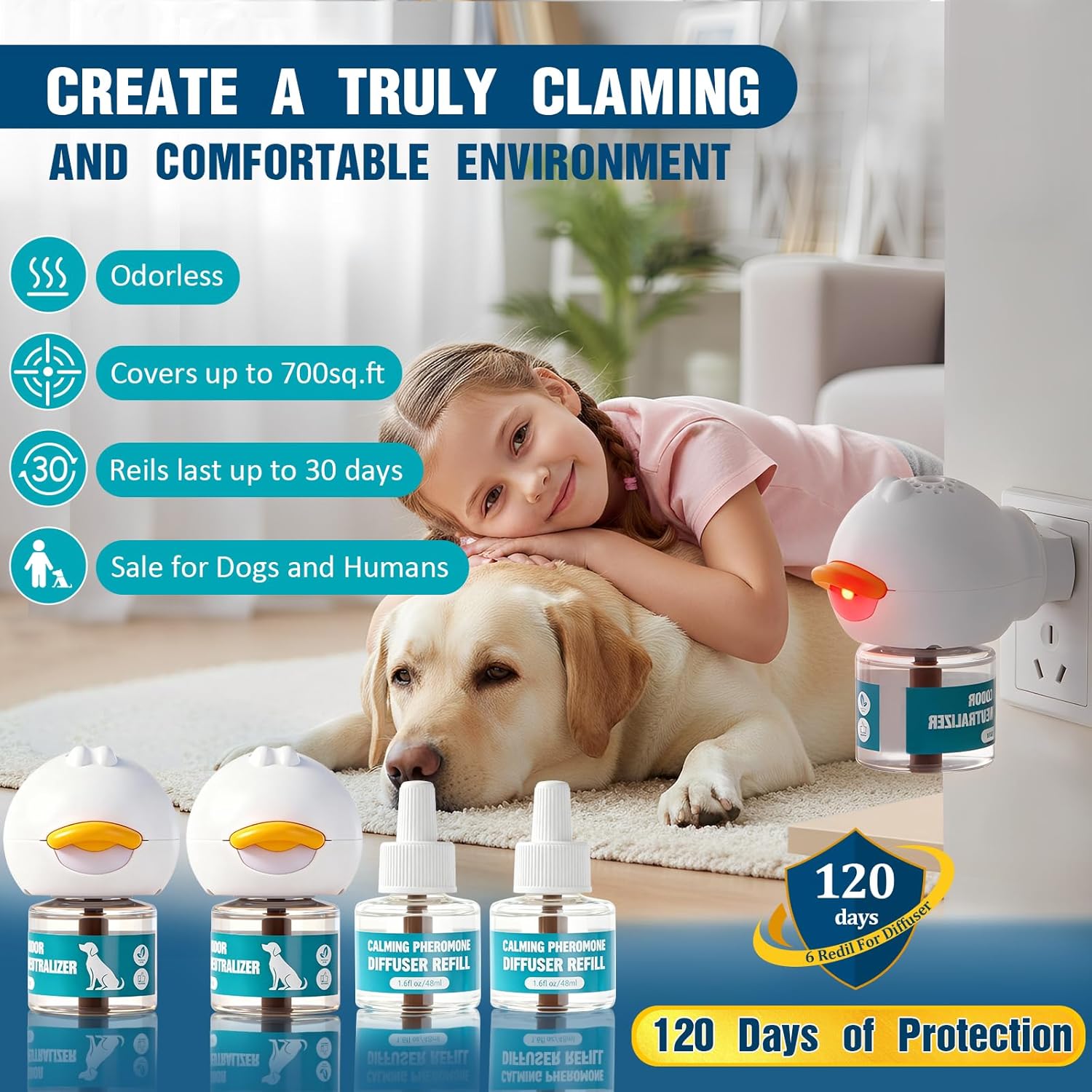 Dog Calming Diffuser, Calming Pheromones Diffuser Kit Appeasing Pheromone Diffuser to Calm (2Plug in+4Refill) for Anxiety Relief Reduce Aggression Fighting Barking Stress