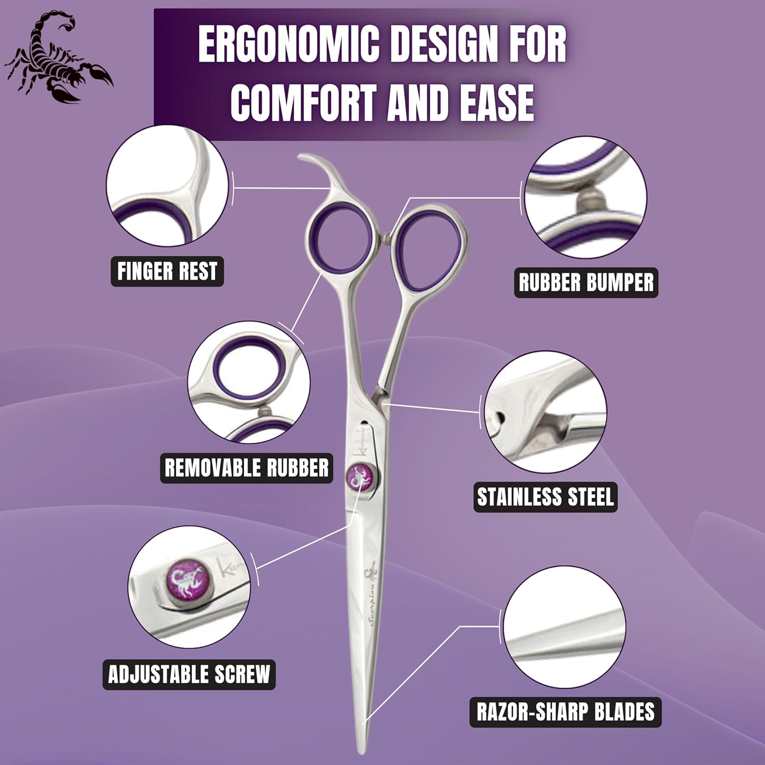 Kenchii Scorpion 8 Inch, Straight Grooming Scissors for Dogs and Pets