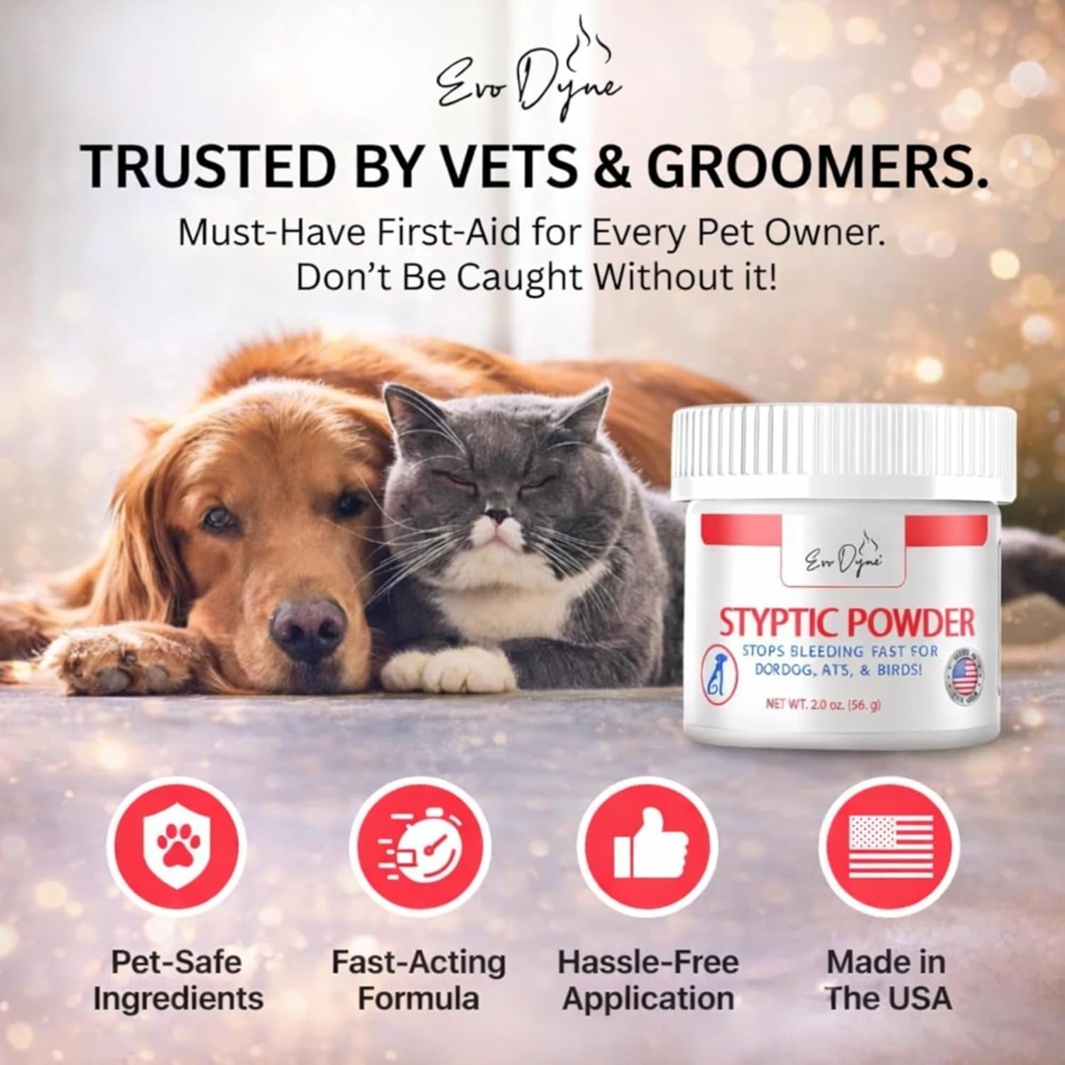 Styptic Powder for Dogs, Cats, and Birds (2 oz) by Evo Dyne | Fast-Acting Blood Stop for Pets