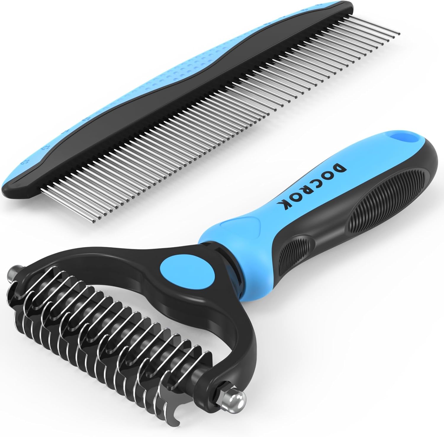 Pet Grooming Combo - Blue De-shedding Brush with Metal Comb for Detangling and Dematting Long, Matted Fur on Cats and Dogs
