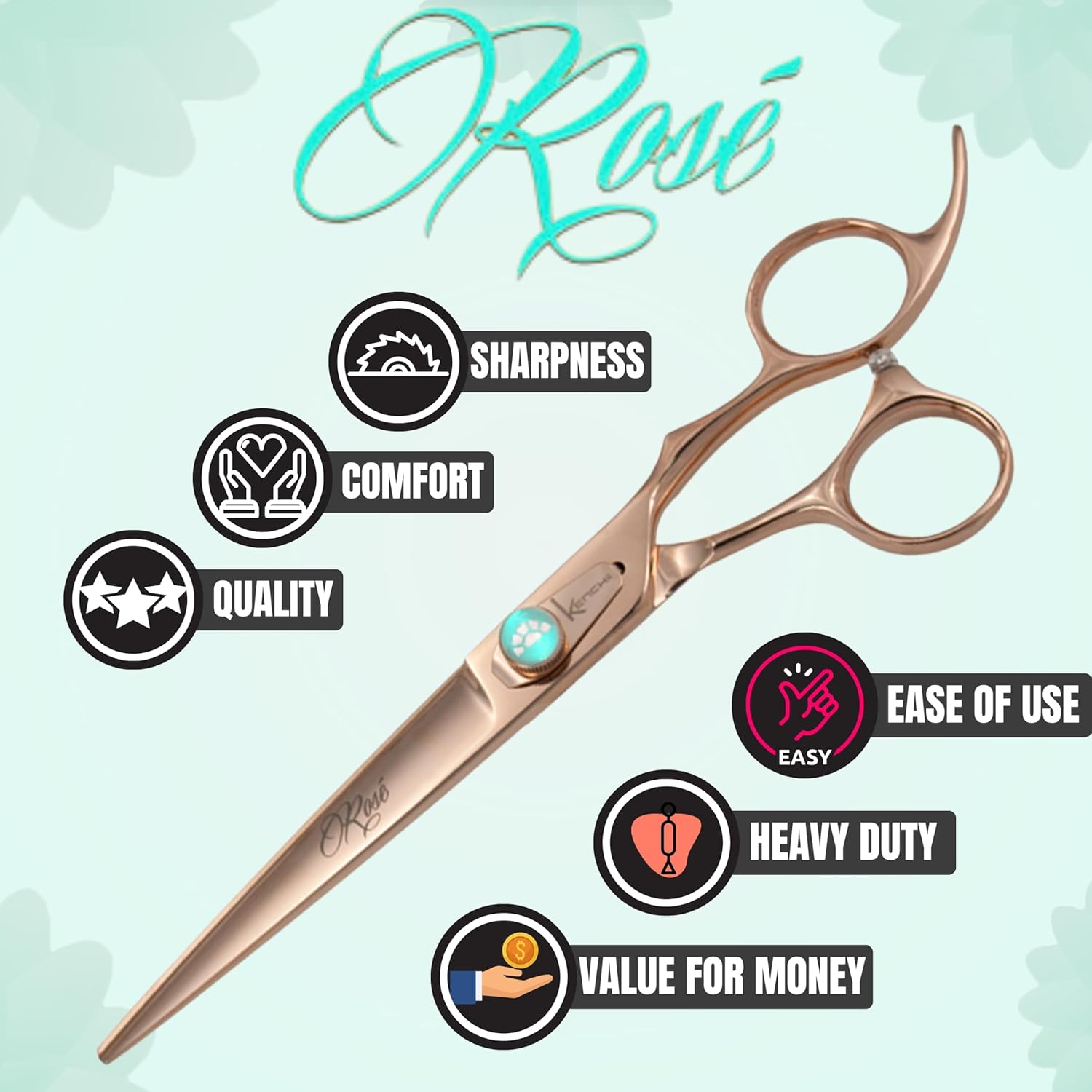 Kenchii Rose Dog Grooming Scissors, 7 Inch Curved Shears, Dog Scissors for Grooming