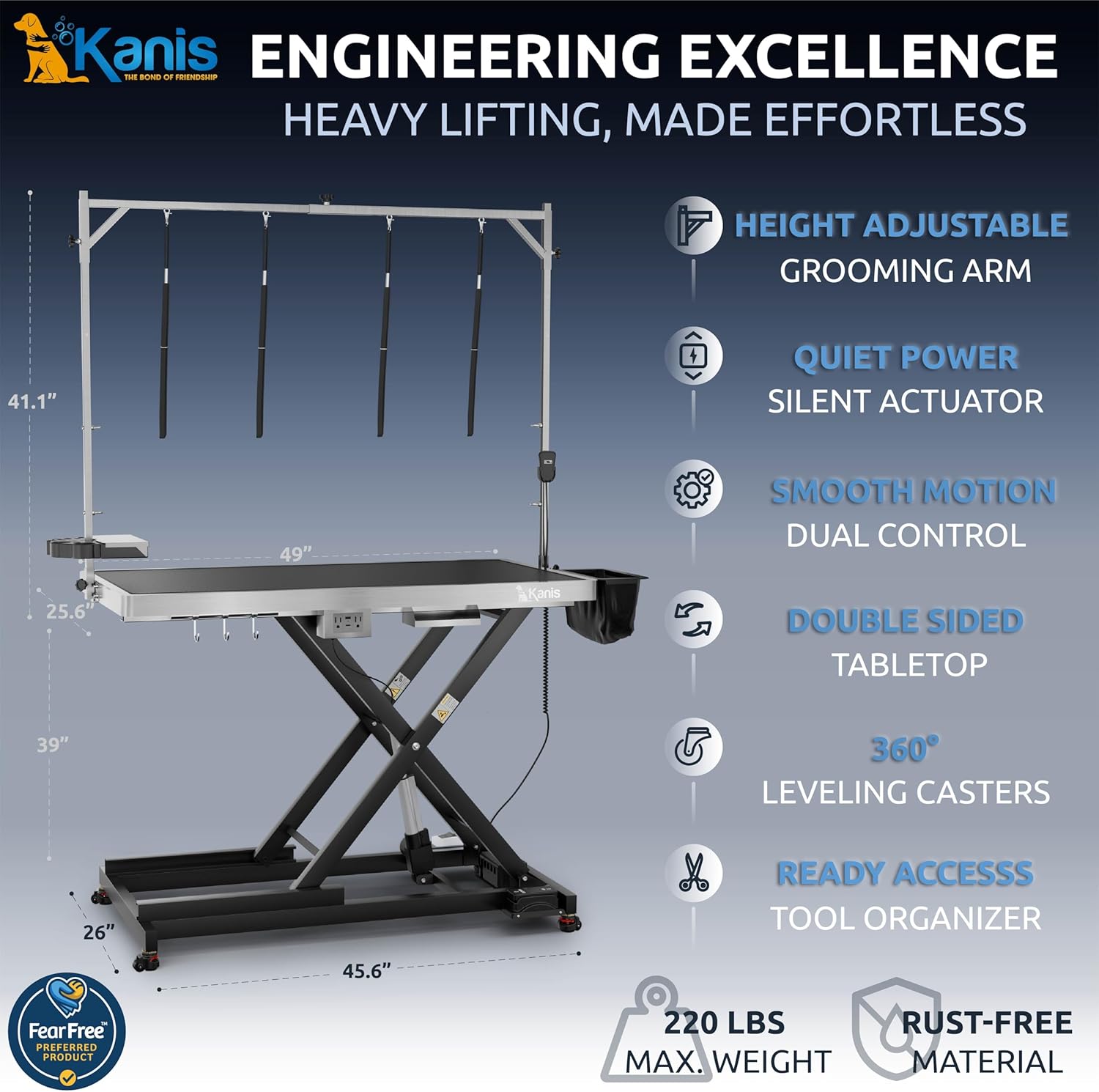 KANIS Professional Electric Dog Grooming Table - Heavy Duty, Height Adjustable Pet Grooming Table w/Leveling Wheels, Grooming Arm