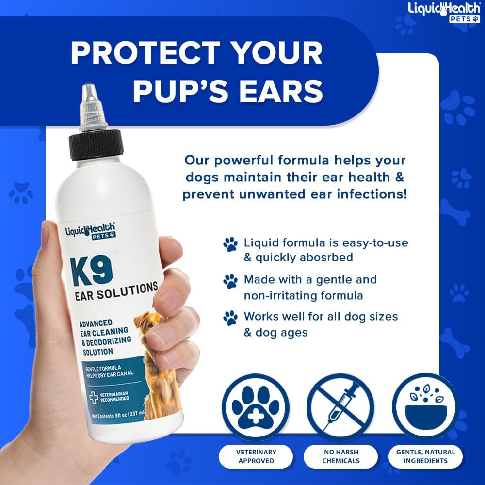 LIQUIDHEALTH Pets K9 Dog Ear Cleaner Wash Solutions - Infection Cleaning Hygiene Treatment Liquid Drops for Dogs