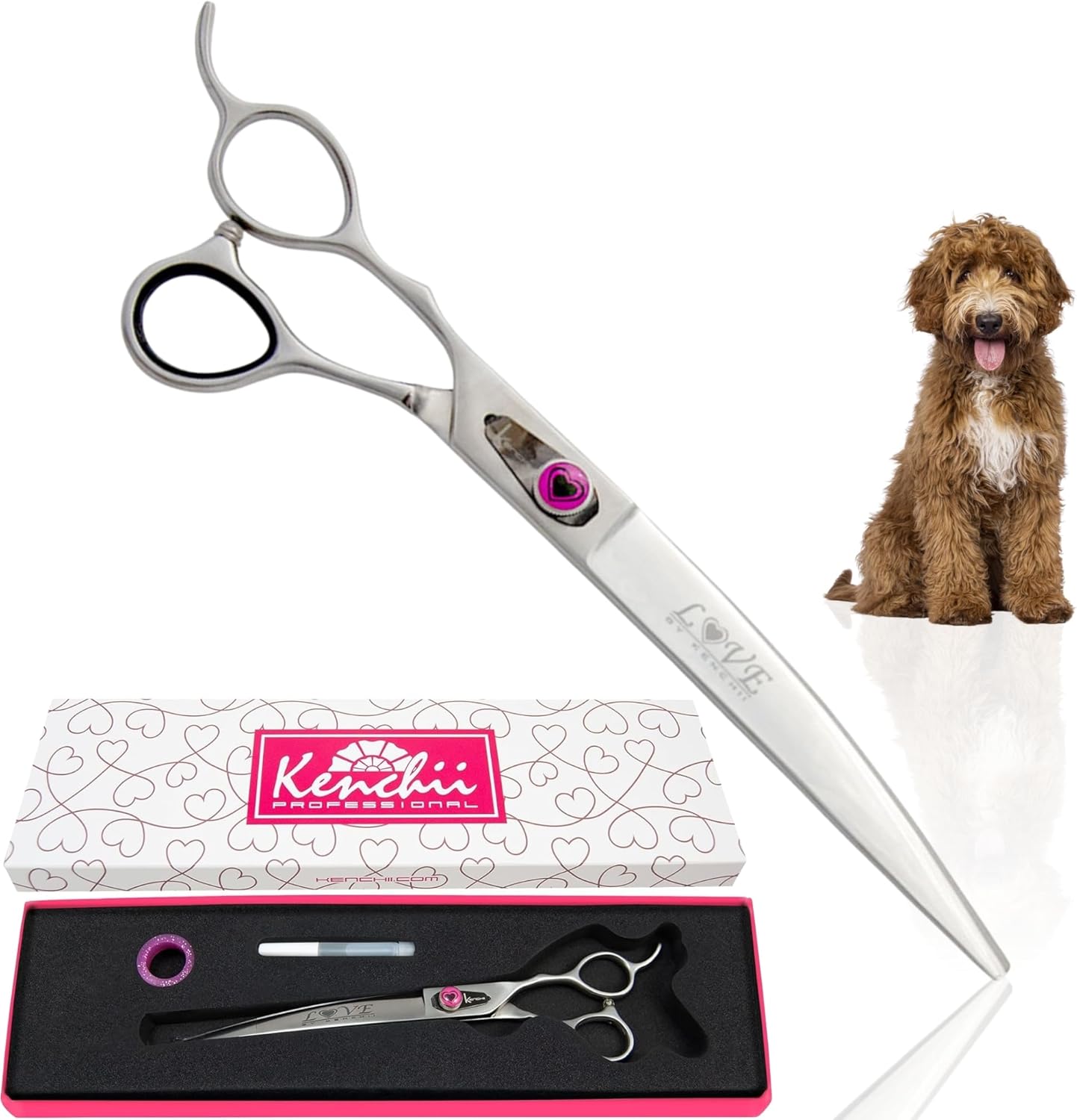 Kenchii Love Left Handed Dog Grooming Scissors, 8 Inch Curved Shears, Dog Scissors for Grooming