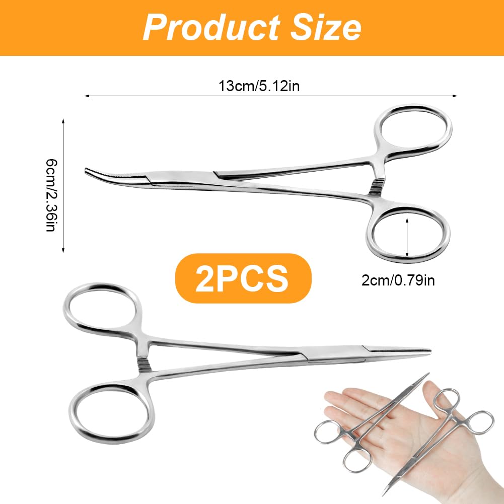 Ainiv 2 Piece Hemostat Curved and Straight Stainless-Steel Self-Locking Fishing Forceps Piercing Remover Tool Piercing Grabber Tool for Nurses Pet Grooming Care Fishing DIY Crafting(5")