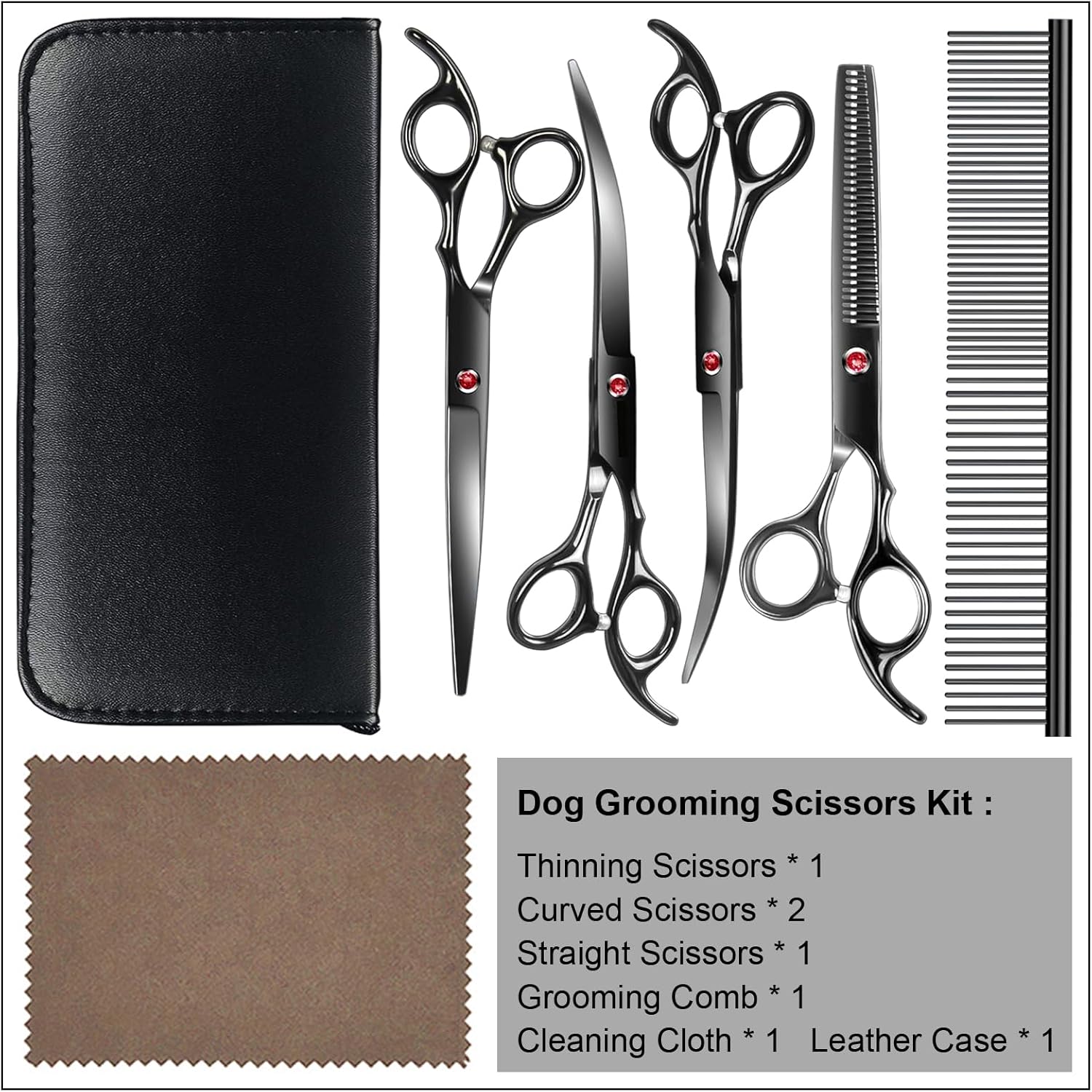 Professional Dog Grooming Scissors Kit Black 6 in 1, Dog Shears for Grooming 6CR Premium Stainless Steel Grooming Scissors Kit