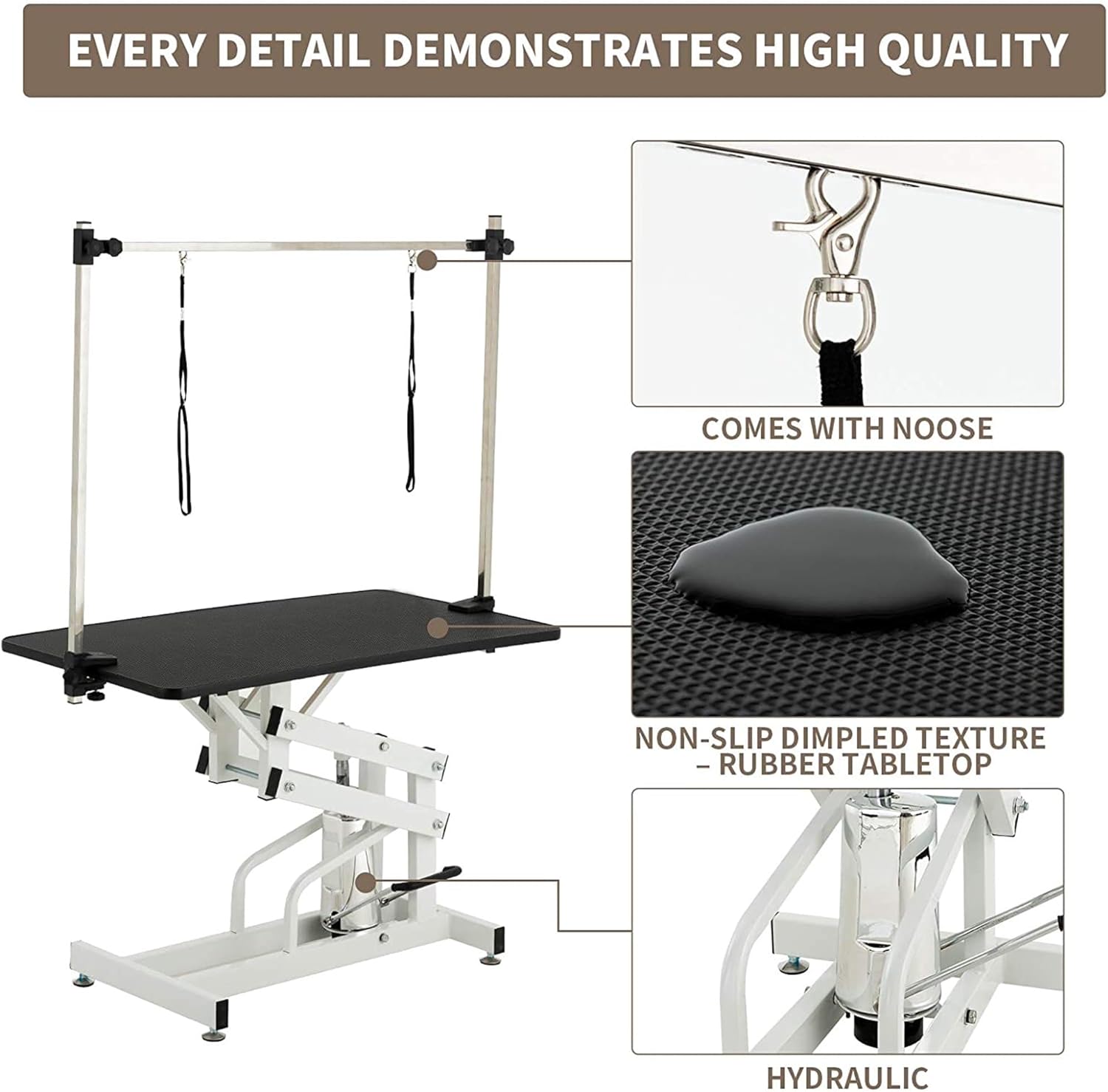 Hydraulic Dog Pet Grooming Table, 42 Inch Heavy Duty Professional Pet Grooming Station 21'' -36'' Height Adjustable for Large Dog at Home with Adjustable Overhead Arm, Clamp and Grooming Noose, Black