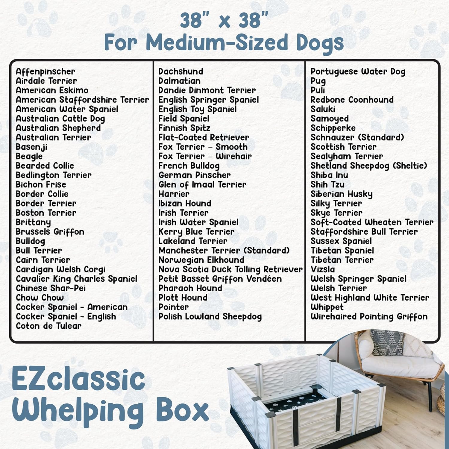 EZwhelp EZclassic Medium Dog Whelping Box with Rails, 38" x 38" x 18", Gray Pad