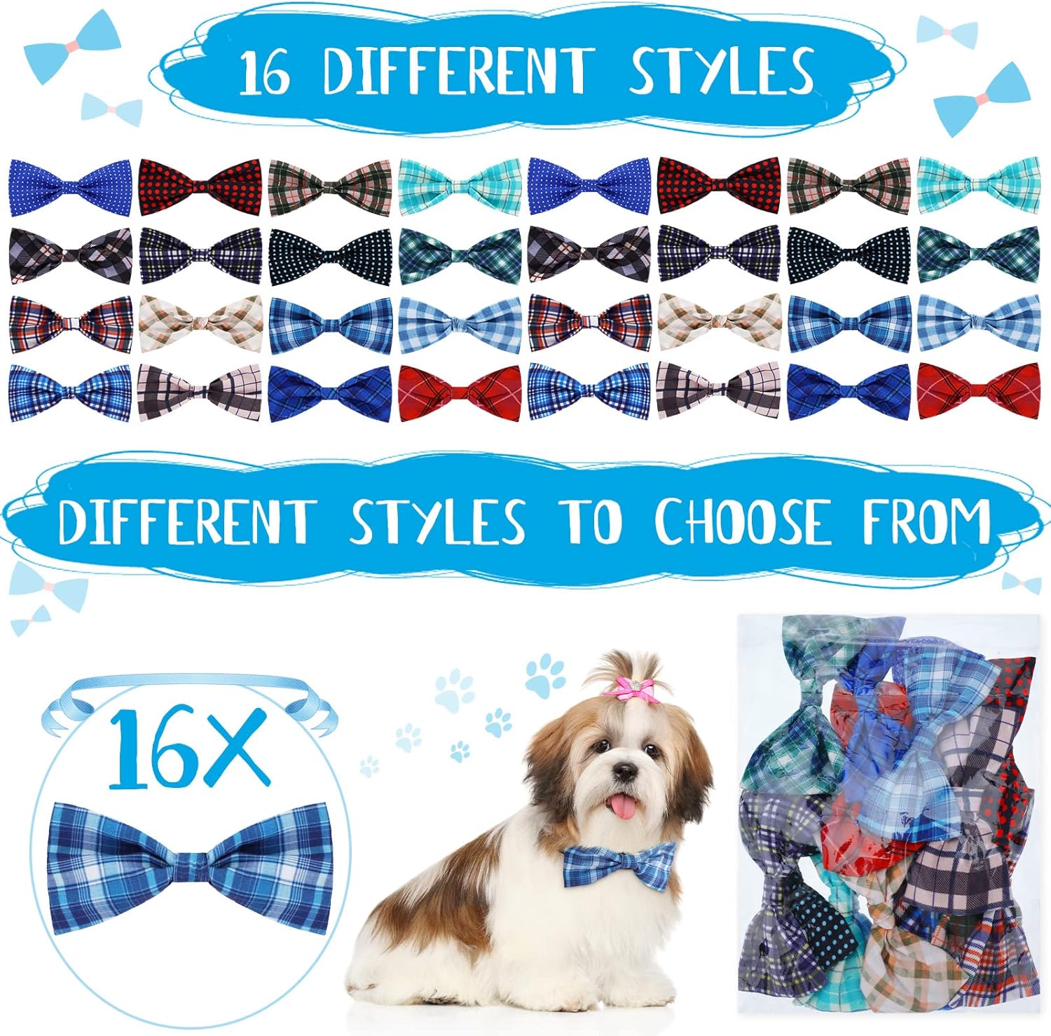 16 Pieces Dog Bow Ties Slide Hawaiian Styles Dog Collar Attachment Bows with Rubber Bands Dog Bow Ties for Large Dogs 