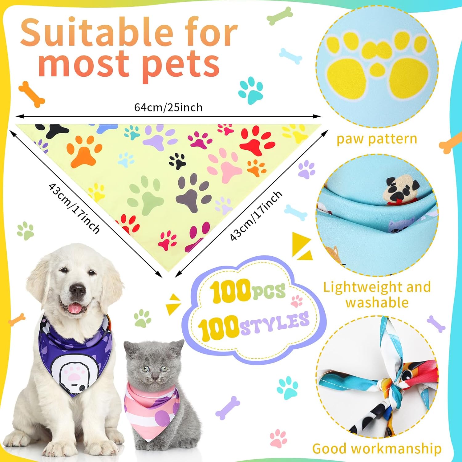 100 Pcs Easter Dog Bandanas Bulk Pet Bibs Colorful Triangle Scarf Pet Bandanas for Medium Large Dogs Easter Festiva
