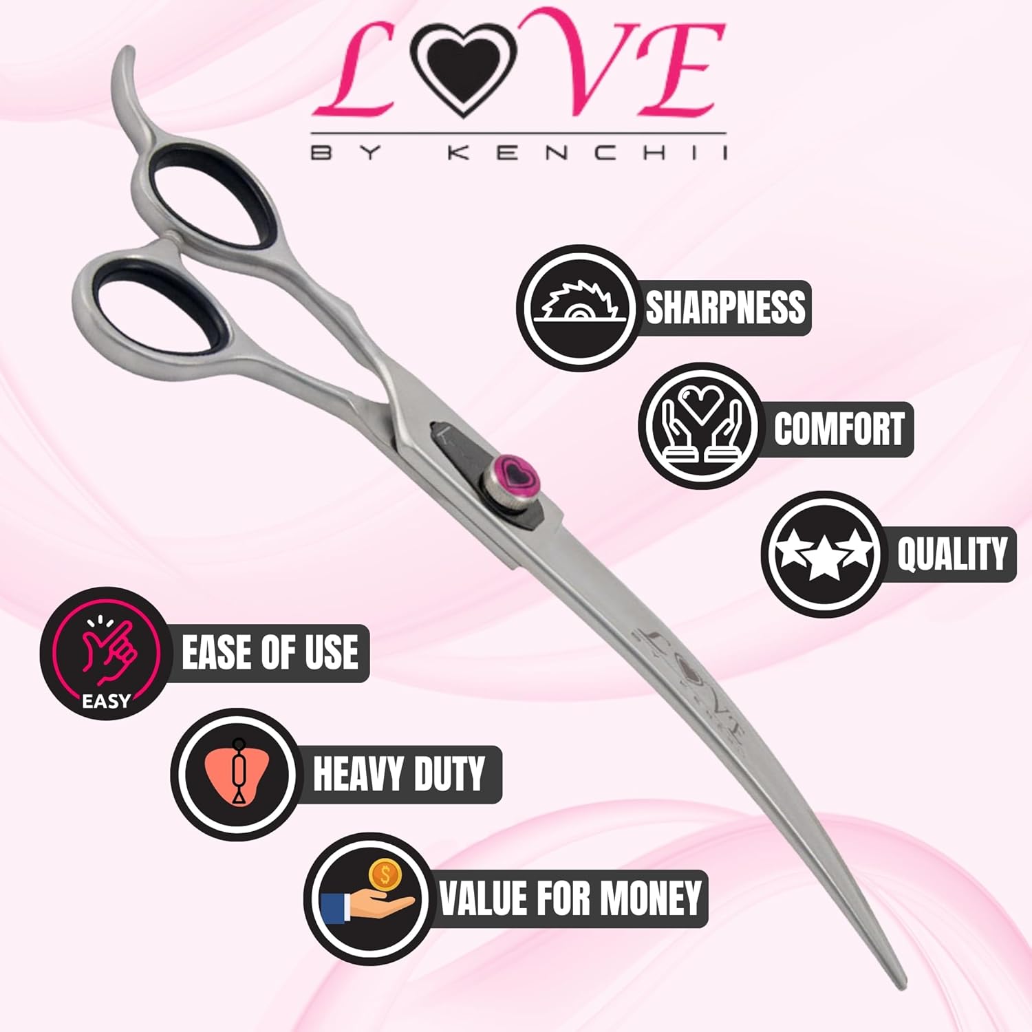 Kenchii Love Left Handed Dog Grooming Scissors, 8 Inch Curved Shears, Dog Scissors for Grooming