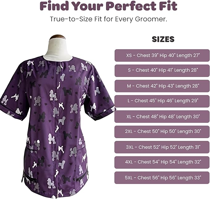 Ladybird Line 710 ( Large)Purple Poodle Print Waterproof Dog Grooming Smock Hair and Bleach Resistant Covered Zipper Panel Mesh Back