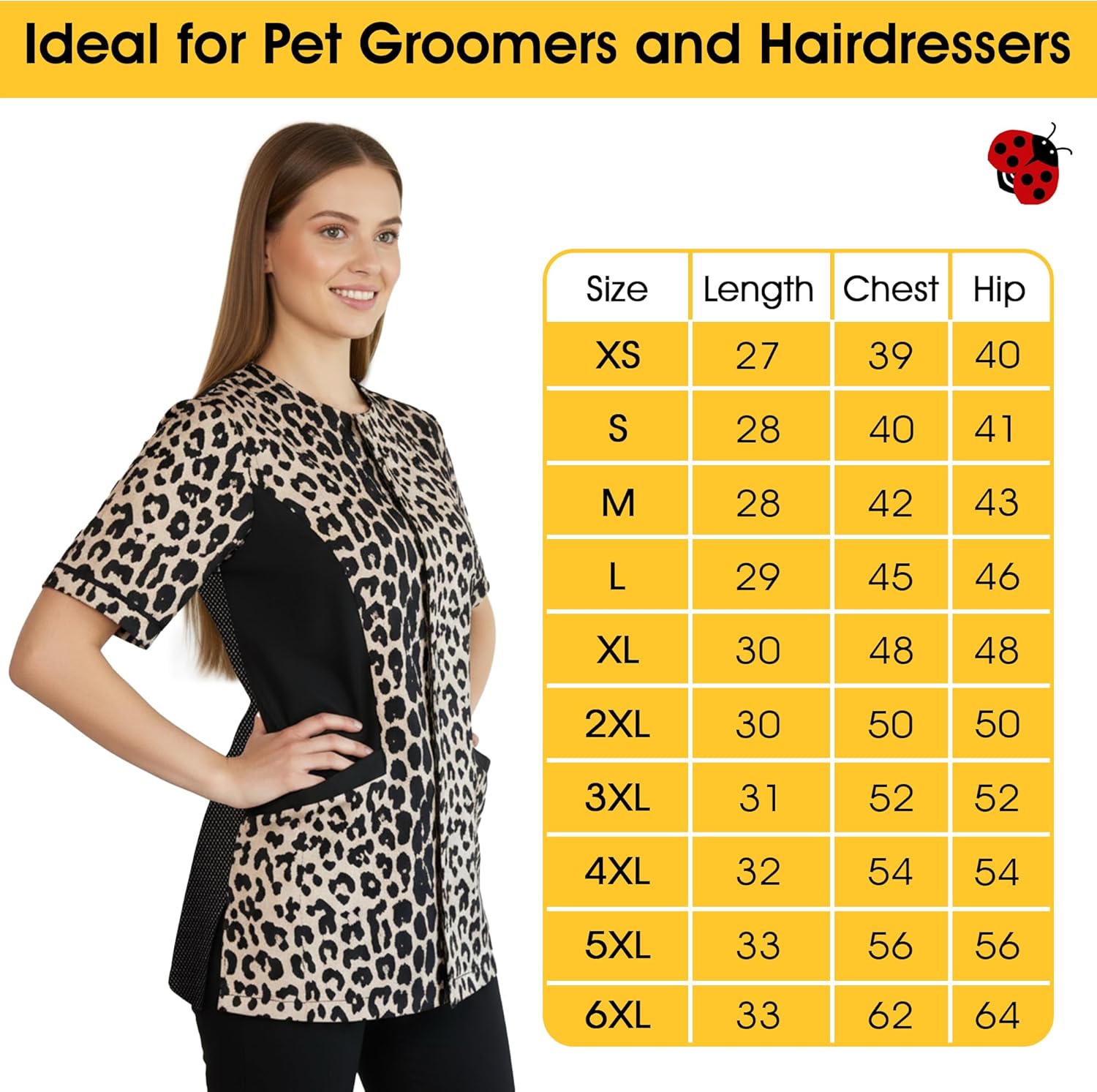 Ladybird Line 716 (large) Leopard Print Waterproof Grooming & Styling Smock, Hair and Bleach Resistant with Covered Zipper Panel, Mesh Back, and Back Tie Belt - Ideal for Pet Groomers and Hair Stylists