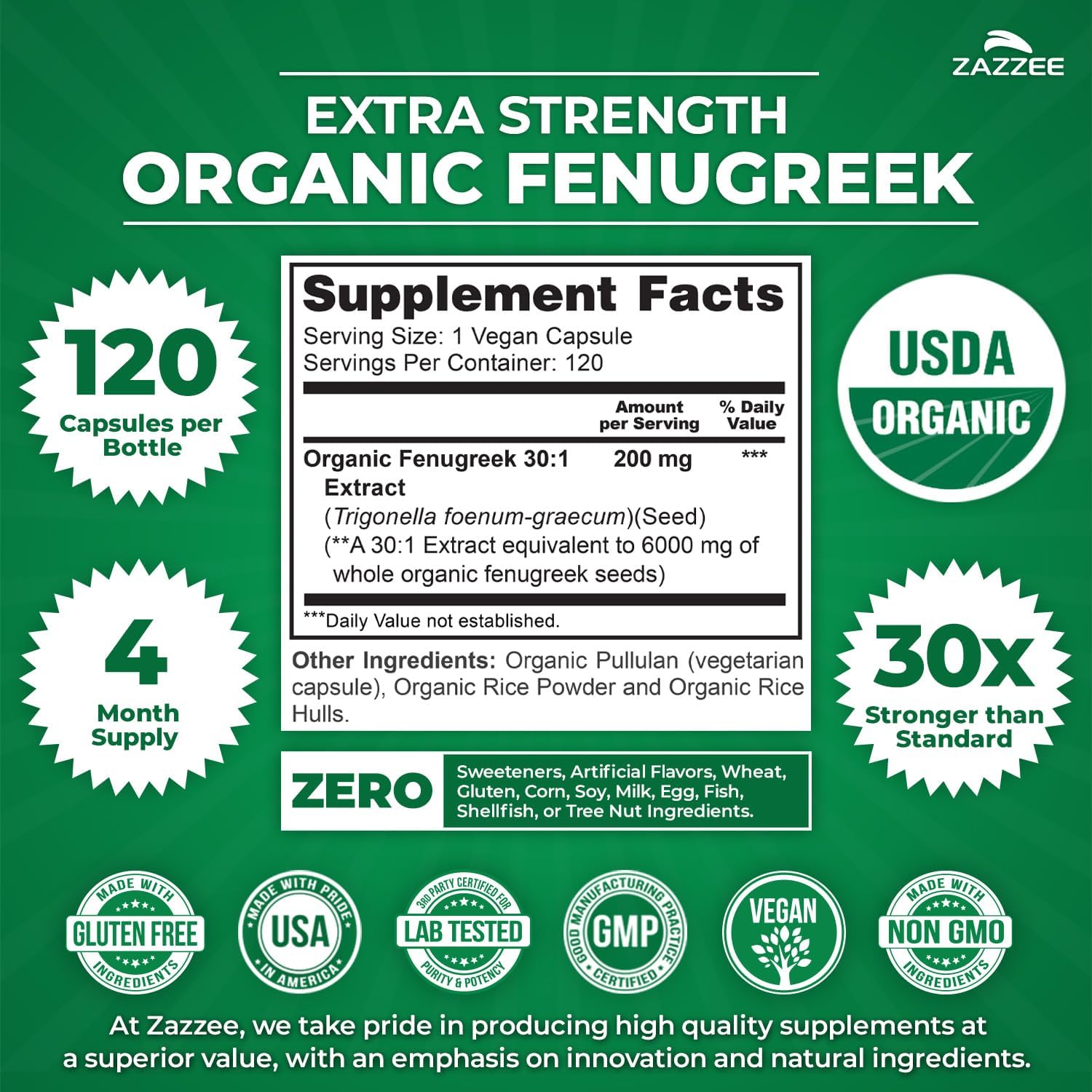 USDA Organic Fenugreek 30:1 Extract, 120 Vegan Capsules, 4 Month Supply, Breastfeeding & Lactation Support for Nursing Mothers, Organic Herbal Supplement, All-Natural, Non-GMO, Made in the USA