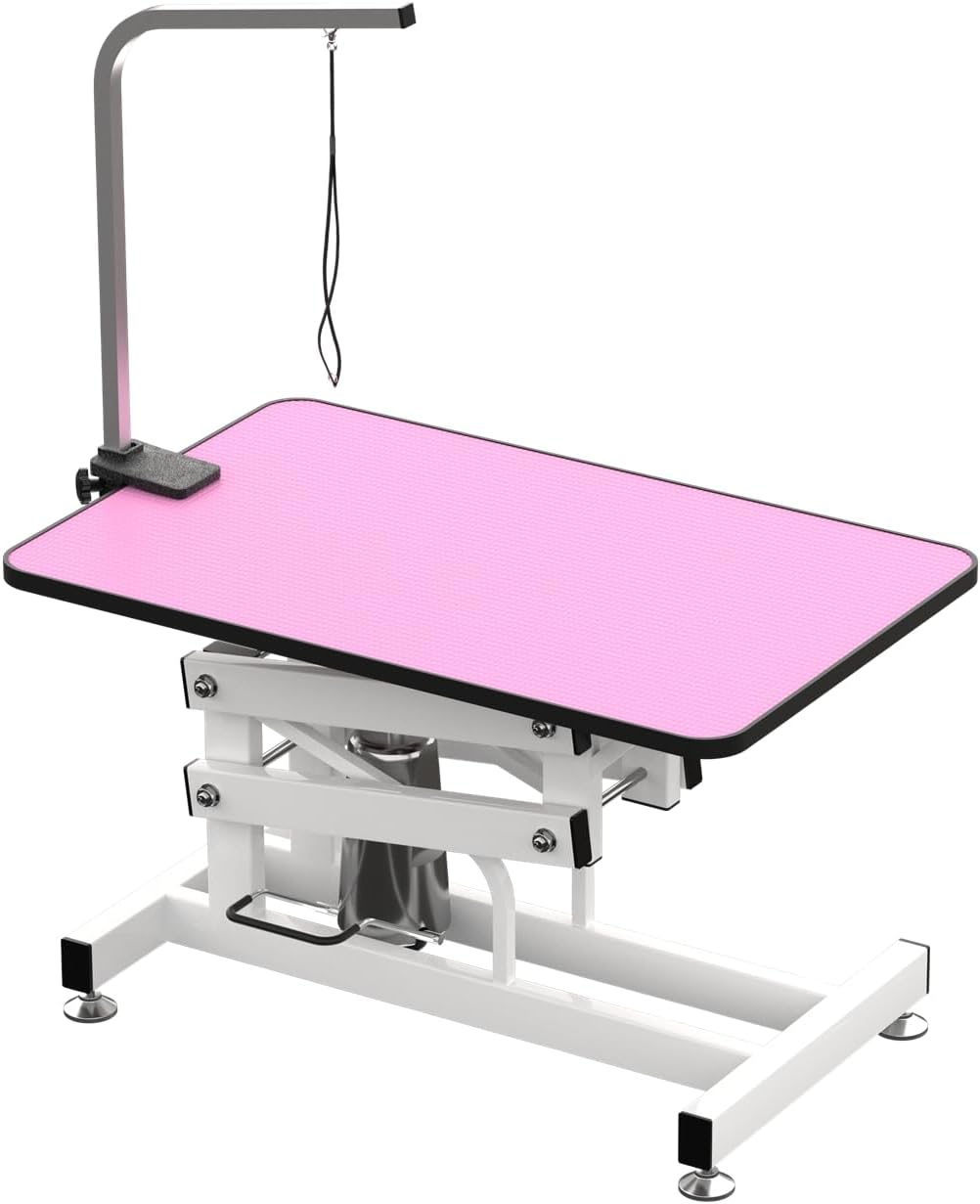 Hydraulic Dog Pet Grooming Table, 42 Inch Heavy Duty Professional Pet Grooming Station 21'' -36'' Height Adjustable with Clamps and Grooming Noose, Pink