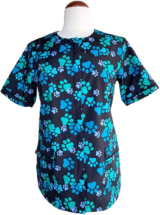 Ladybird Line 714 (Large) Blue Paw Print Waterproof Dog Grooming Smock, Hair Bleach Resistant Jacket, Solid Back, Adjustable Tie Belt