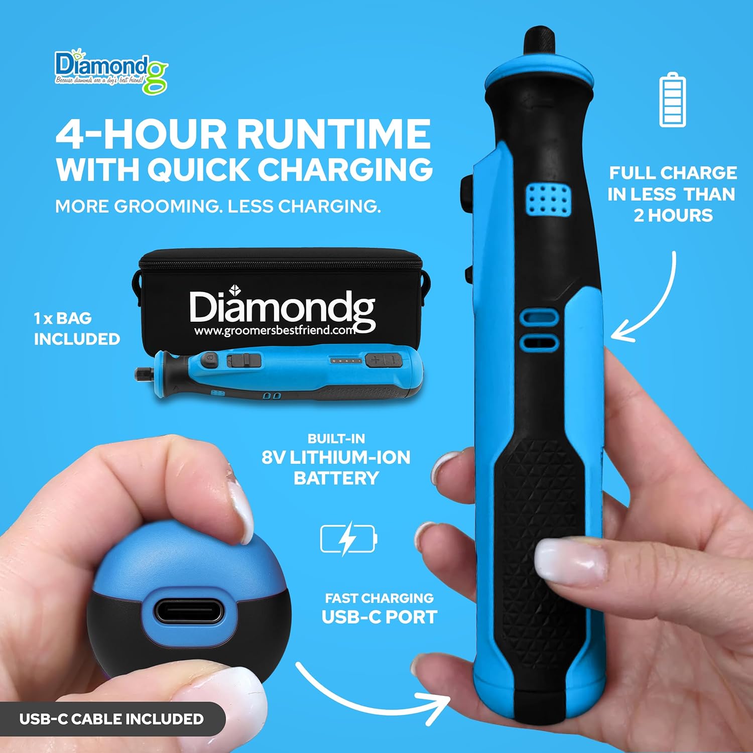 Diamondg Cordless Dog Nail Grinder with Quiet Sound & LED Tip for Large & Small Dogs, 4hrs. Runtime, 2 Bits Included, Blue