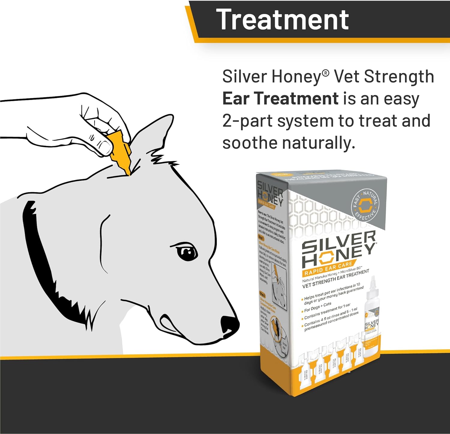 Absorbine Silver Honey Rapid Ear Care Vet Strength Ear Cleaner + Infection Treatment, 10-Day Regimen for 1 Ear