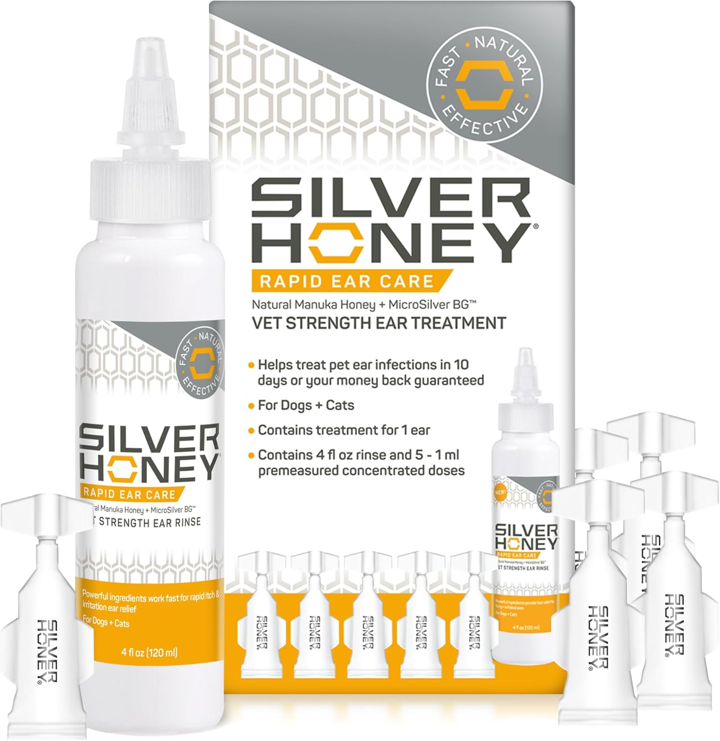 Absorbine Silver Honey Rapid Ear Care Vet Strength Ear Cleaner + Infection Treatment, 10-Day Regimen for 1 Ear