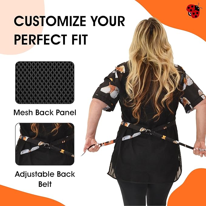 Ladybird Line 803 (large) Dog Groups Grooming Smock, Water Resistant, Hair & Bleach Proof, Mesh Back, Tie Belt, for Pet Groomers