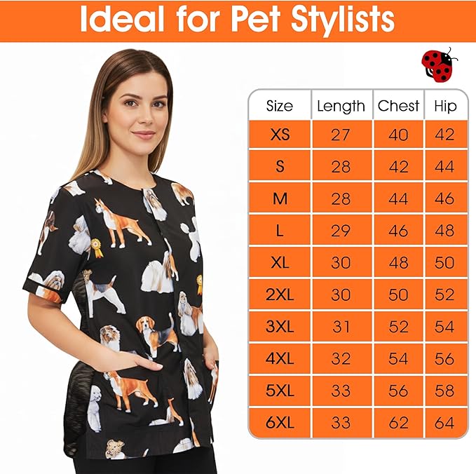 Ladybird Line 803 (large) Dog Groups Grooming Smock, Water Resistant, Hair & Bleach Proof, Mesh Back, Tie Belt, for Pet Groomers
