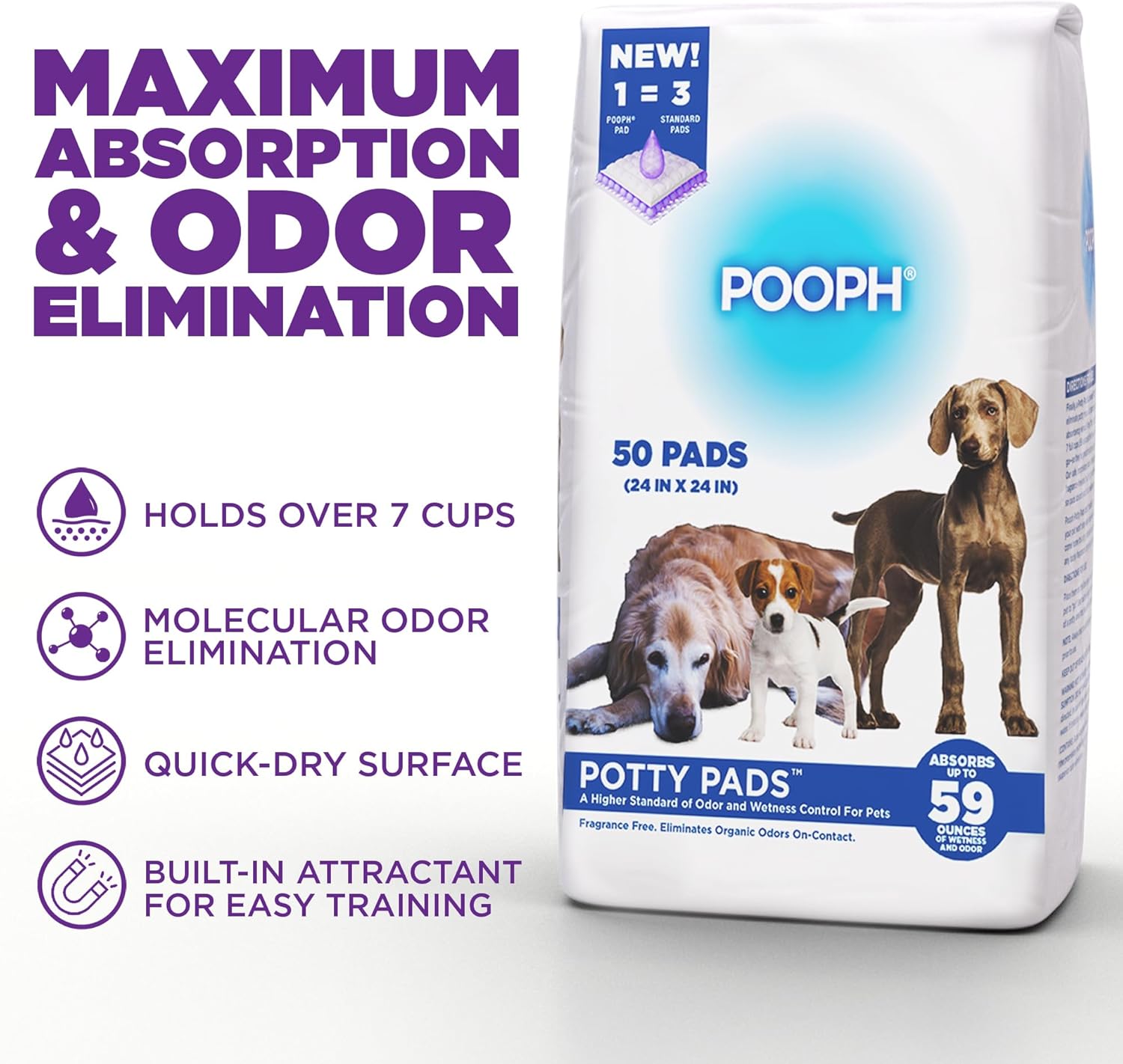POOPH® Potty Pads™ – 50 Count – Superior Absorbency & Odor Control – Absorbs 59oz, Leak-Proof, Track-Proof, Spill-Proof – Quick-Dry, Disposable, 24x24 Inch – for Puppies, Seniors, Housebound Pets