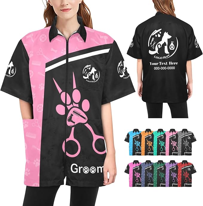 Cowcute Custom Pet Grooming Smocks for Groomer, Personalized Logo Dog Grooming Jackets Work Shirt Uniform Waterproof Workwear