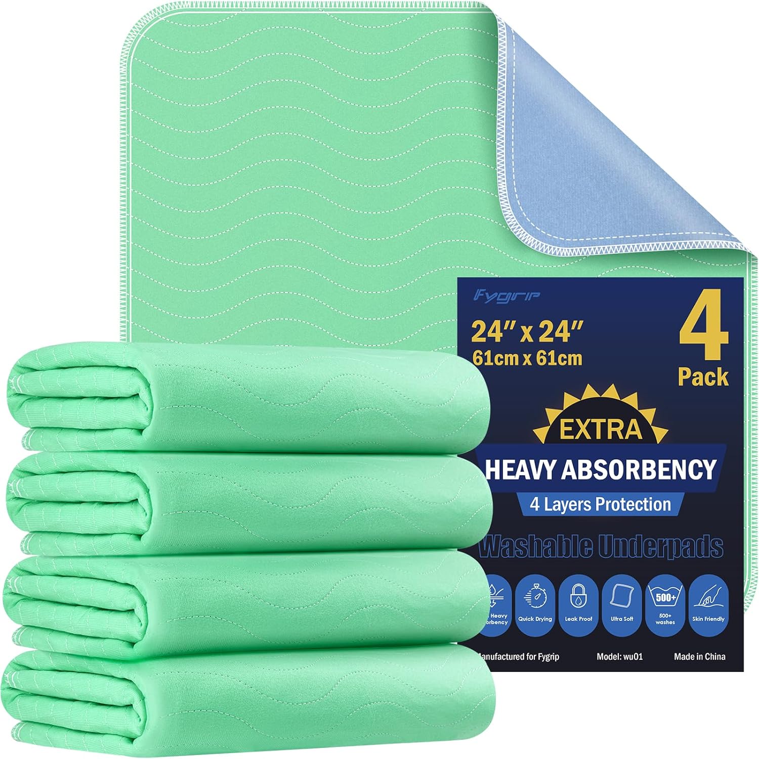 4 Pack 24” x 24” Extra Heavy Absorbency Washable Under pads, Waterproof Nursing Pads Incontinence Bed Pads, Reusable Washable Pee Pads for Dogs, Diaper Changing & Adults, Washable Puppy Pads