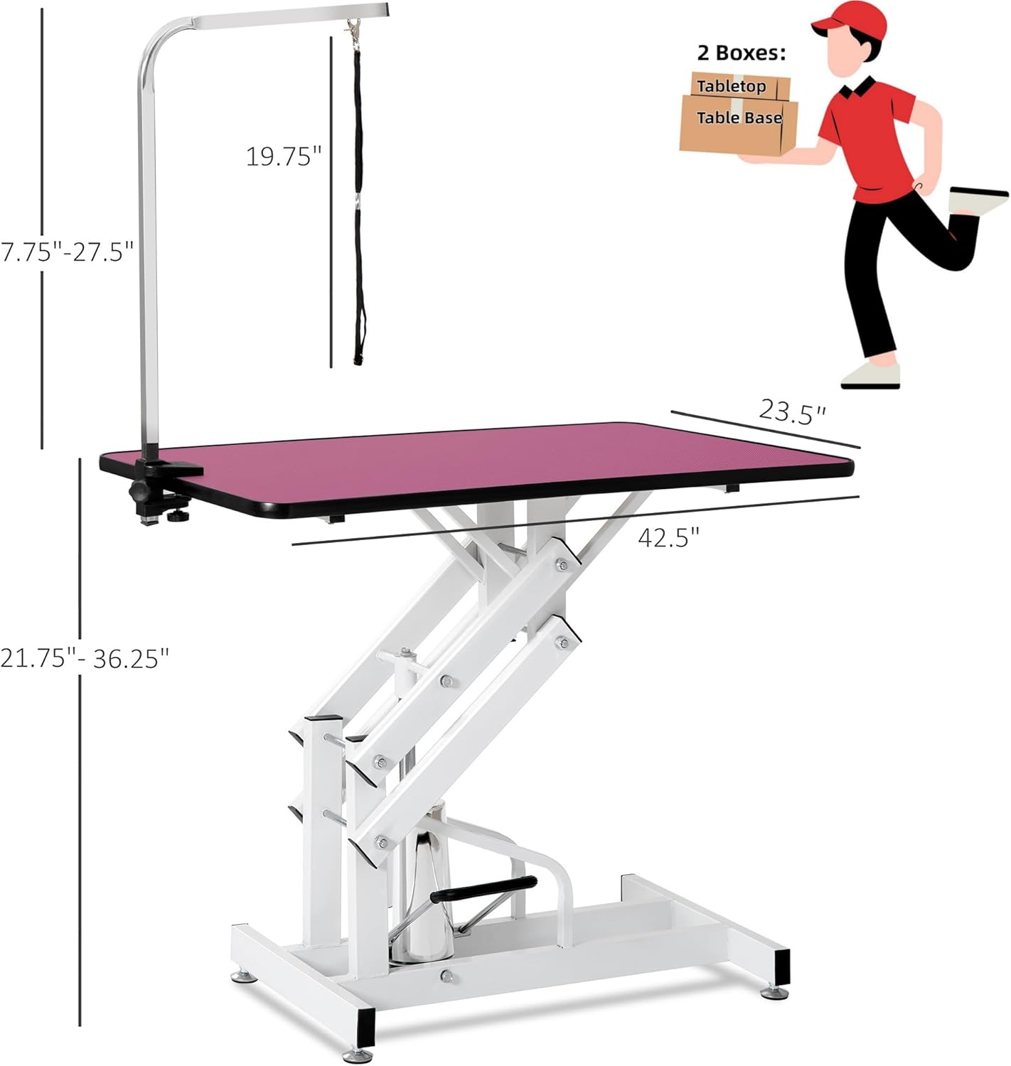 Hydraulic Dog Pet Grooming Table, 42 Inch Heavy Duty Professional Pet Grooming Station 21'' -36'' Height Adjustable with Clamps and Grooming Noose, Pink