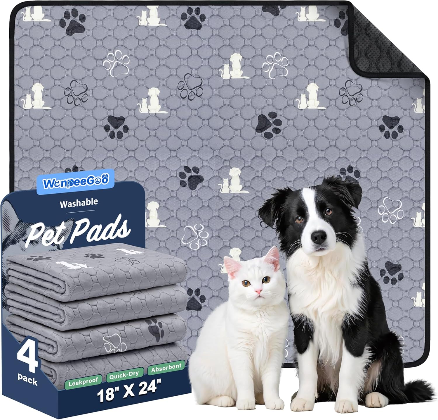 WanpeeGoo Washable Pee Pads for Dogs, 4 Pack Absorbent Reusable Training Dog Pads Pet Puppy Pads, Non-Slip Potty Pads for Whelping, Playpen, Crate, Bed, Grey 18"x24"