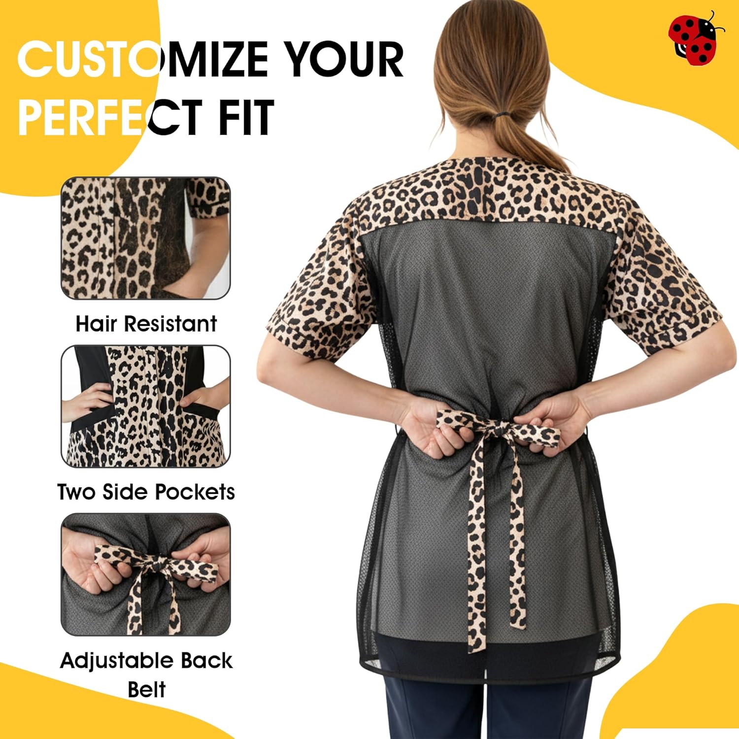 Ladybird Line 716 (large) Leopard Print Waterproof Grooming & Styling Smock, Hair and Bleach Resistant with Covered Zipper Panel, Mesh Back, and Back Tie Belt - Ideal for Pet Groomers and Hair Stylists
