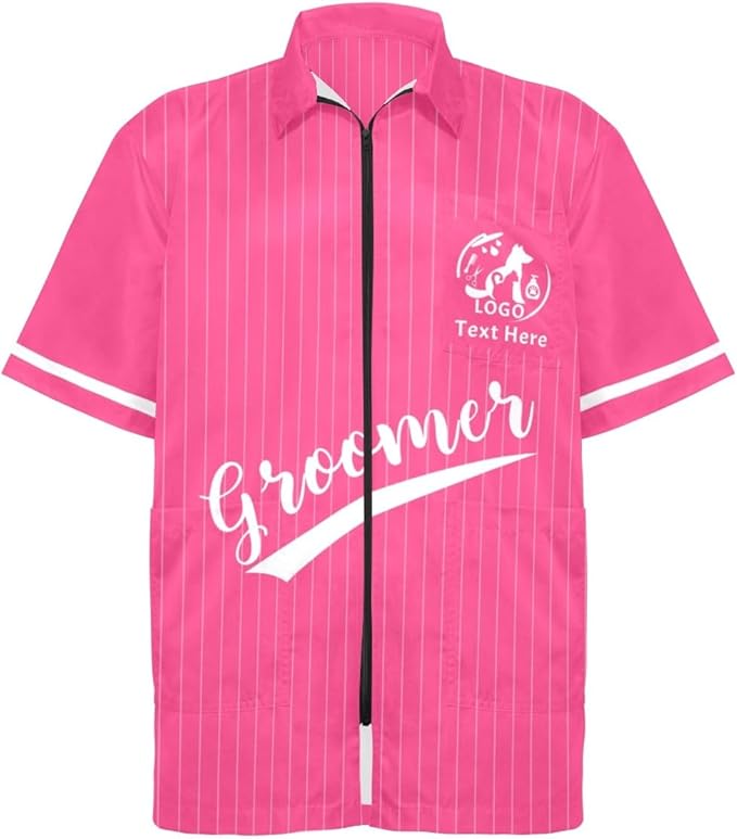 COWCUTE Custom Logo Pet Grooming Workwear, Personalized Pet Beautician Work Clothes, Groomer Smock Jacket for Pet Salon