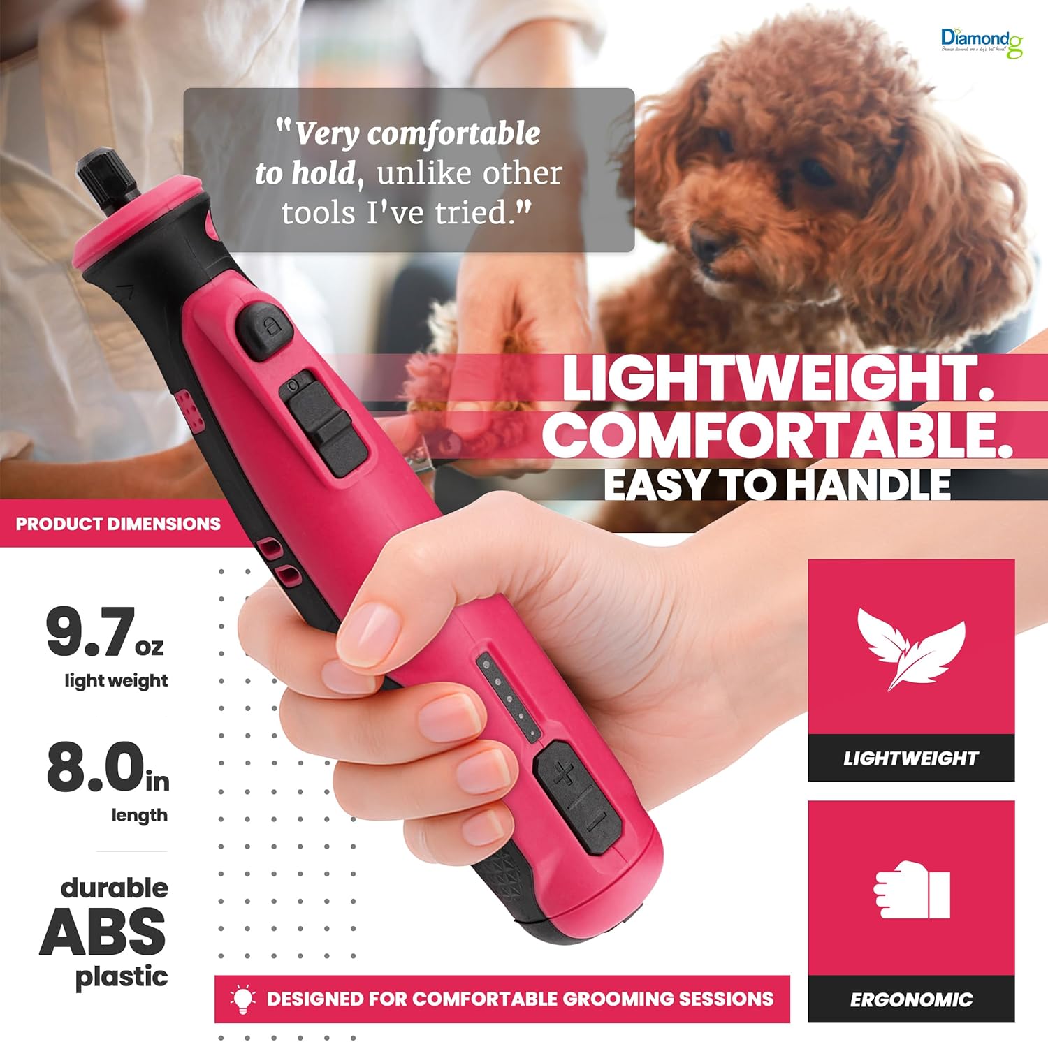 Diamondg Cordless Dog Nail Grinder with Quiet Sound & LED Tip for Large & Small Dogs, 4hrs. Runtime - Electric Dog Nail Trimmer, Heavy Duty Rotary Tool Alternative to Toenail Clippers & Filers