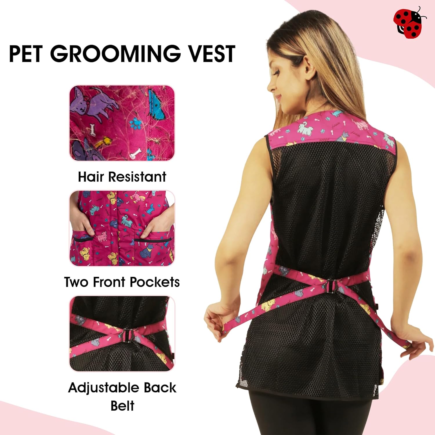 Ladybird Line 711 (large ) Pink Dog Design Waterproof Pet Grooming Vest, Hair and Bleach Resistant, Covered Zipper Panel, Mesh Back, Adjustable Back Tie Belt, 2 Front Pockets, Pet Groomers and Vet Clinics