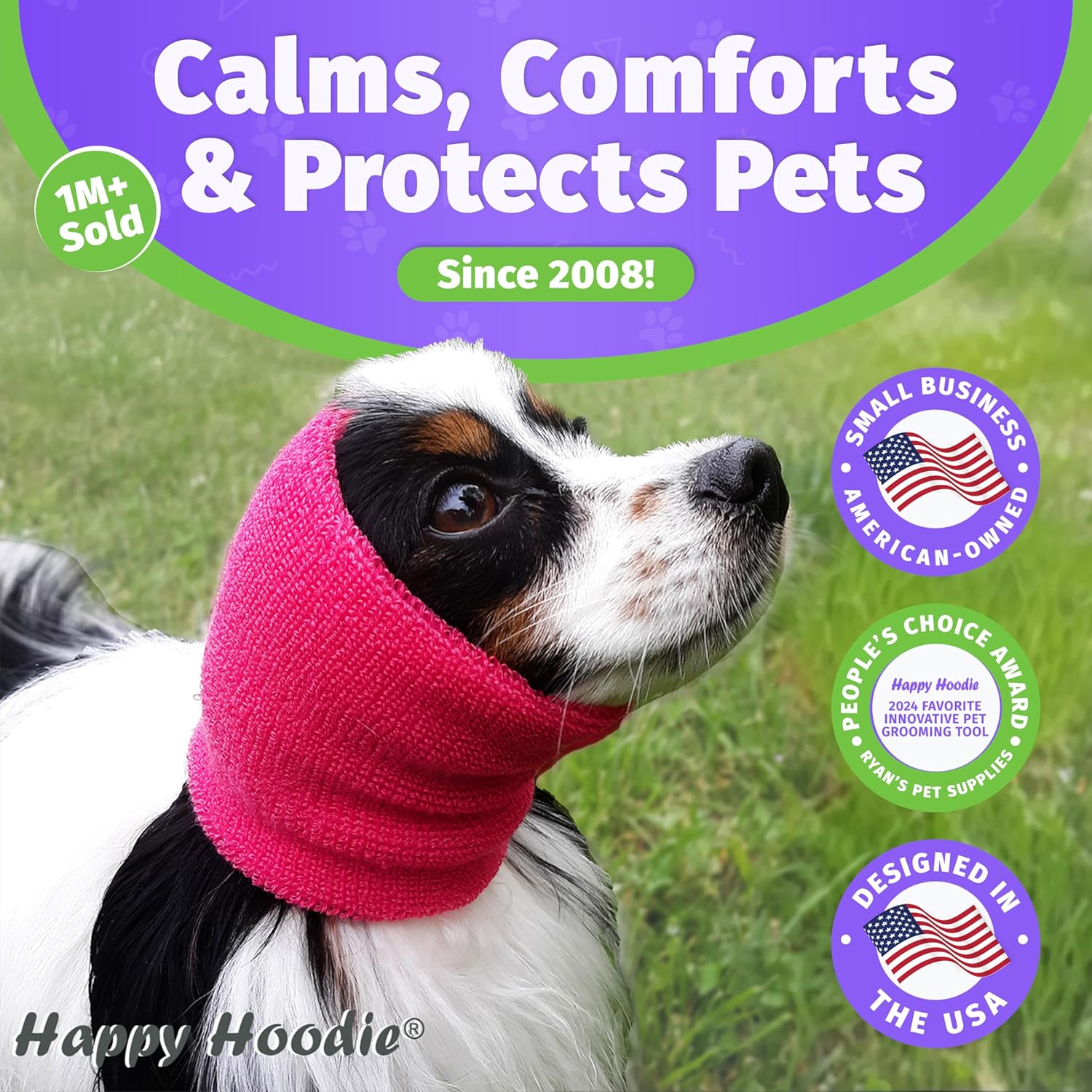 Happy Hoodie the Original Dog & Cat Calming Band - American Brand - Anxiety Relief/Noise Protection-Grooming-Thunder-Fireworks (Large, Pink) 