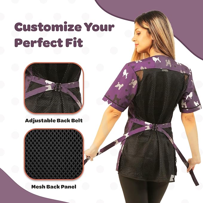 Ladybird Line 710 ( Large)Purple Poodle Print Waterproof Dog Grooming Smock Hair and Bleach Resistant Covered Zipper Panel Mesh Back