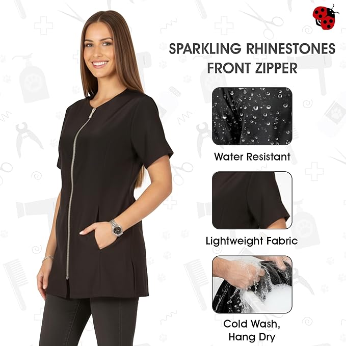 Ladybird Line (Large) Rhinestone Pet Groomers Jacket Ideal for Pet Grooming - Hair Repellent Clothes for Dog Groomer
