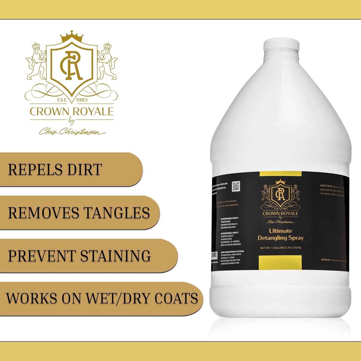 Crown Royale Ultimate Detangling Pet Spray Concentrate, Removes Tangles, Prevents Stains, Repels Dirt, Made in USA, 1 gal