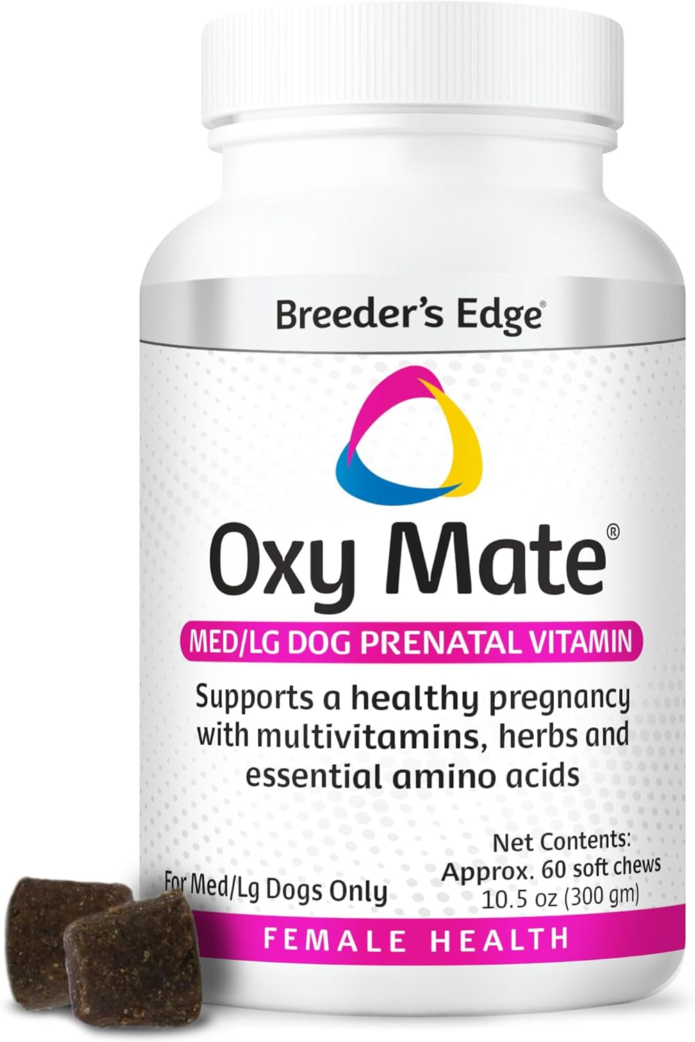 Breeder's Edge Oxy Mate Dog Prenatal Vitamins, Comprehensive Supplement for Pregnant Dogs and Cats Enriched with Essential Nutrients for Healthy Moms & Litters, Soft Chews - 60ct Medium & Large Dog